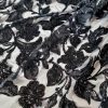 Broderie bogata cu liane și flori din paiete pe suport tulle, Negru