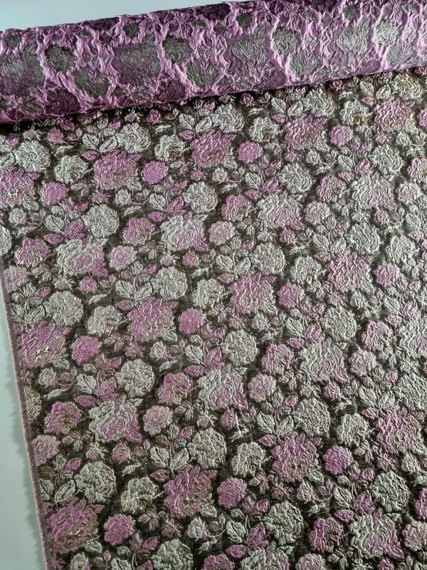 Tesatura Jacquard cu insertii de lurex- design floral, Auriu - Roz