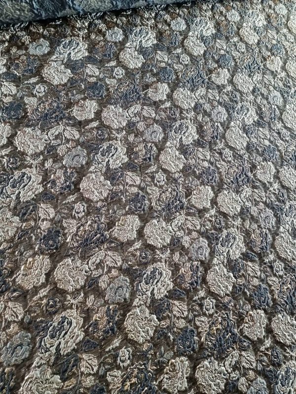 Tesatura Jacquard cu insertii de lurex- design floral, Auriu - Gri