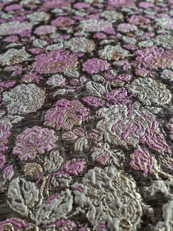 Tesatura Jacquard cu insertii de lurex- design floral, Auriu - Roz