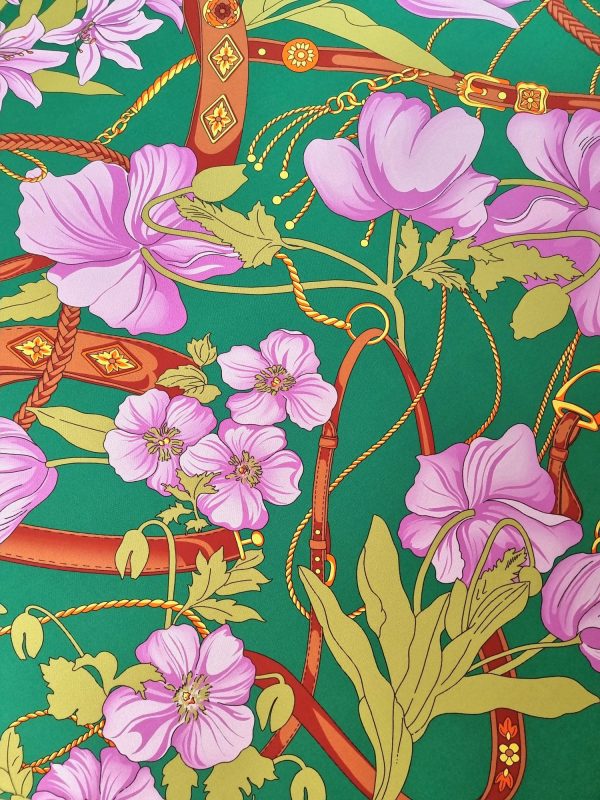 Tesatura din matase  naturala , crepe de chine - tip panou, design floral, Verde - Cyclamen- Galben