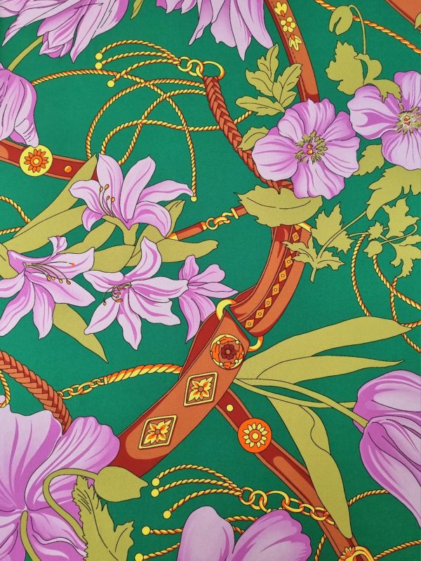 Tesatura din matase  naturala , crepe de chine - tip panou, design floral, Verde - Cyclamen- Galben