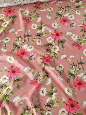 Tesatura din matase naturala - crepe de chine cu design floral, Roz