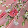Tesatura din matase naturala - crepe de chine cu design floral, Roz
