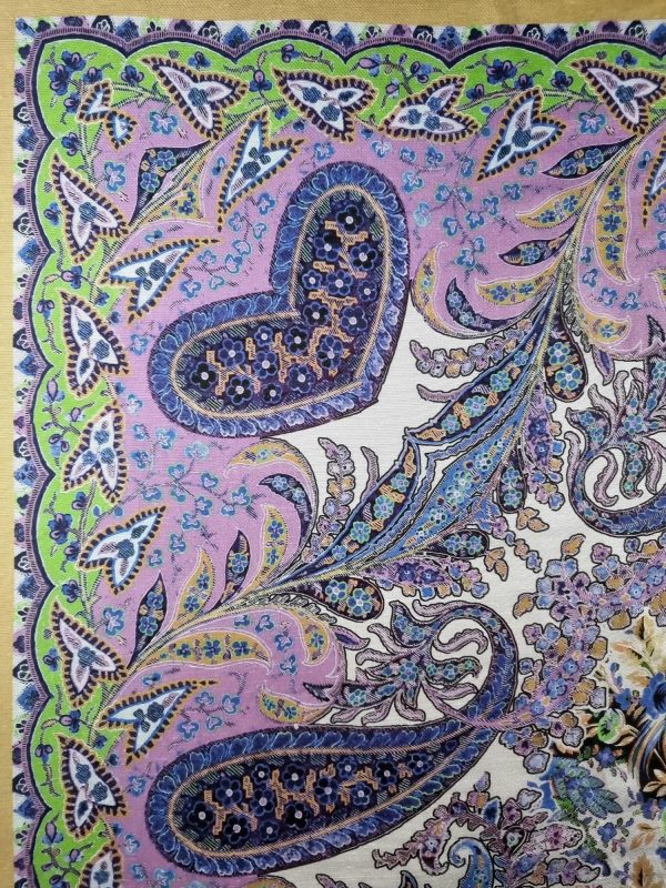 Tesatura din matase naturala cu viscoza  - tip panouri mici cu bordura  design floral și motive paisley,  Multicolor