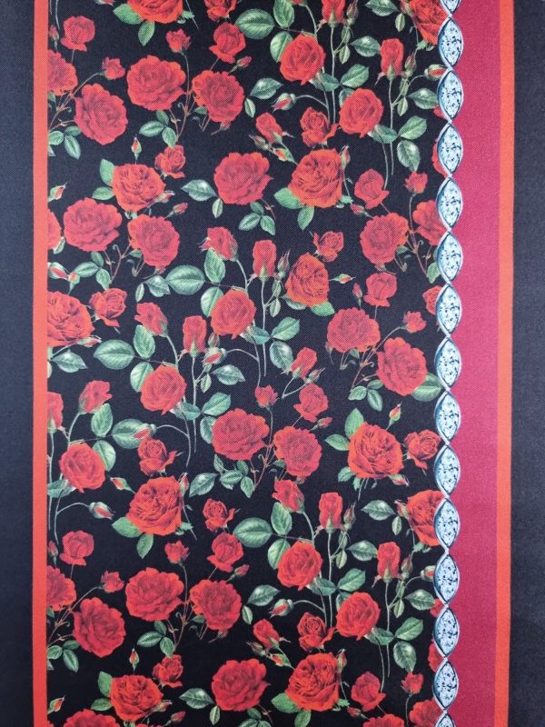 Tesatura din matase naturala twill - panou cu design floral, Rosu - Negru - Verde - Alb