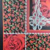 Tesatura din matase naturala twill - panou cu design floral, Rosu - Negru - Verde - Alb