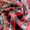 Tesatura din matase naturala twill - panou cu design floral, Rosu - Negru - Verde - Alb