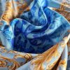Tesatura din matase naturala twill - panou cu design renascentist, Bleu – Auriu - Bej