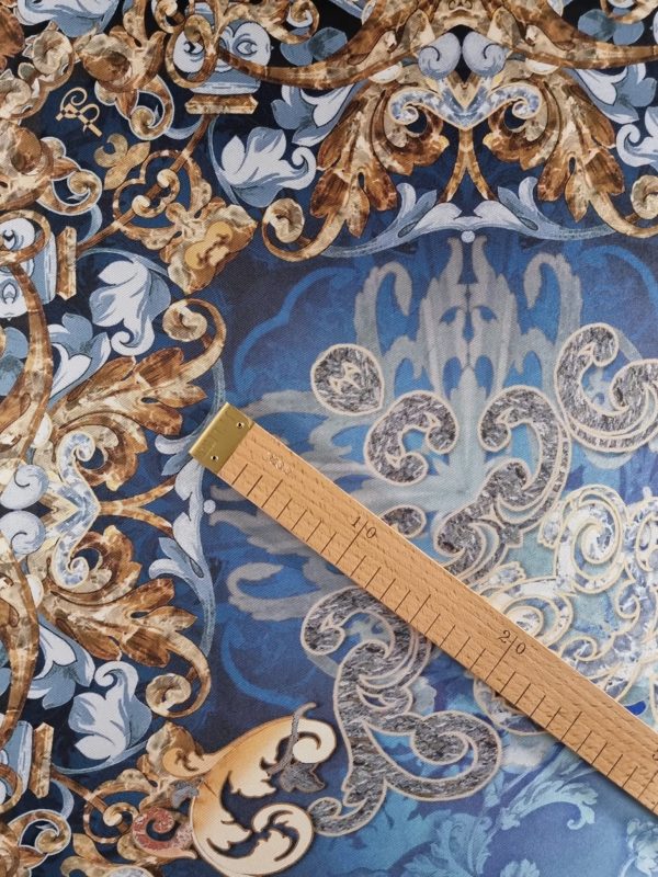 Tesatura din matase naturala twill - panou cu design renascentist, Bleu – Auriu - Bej