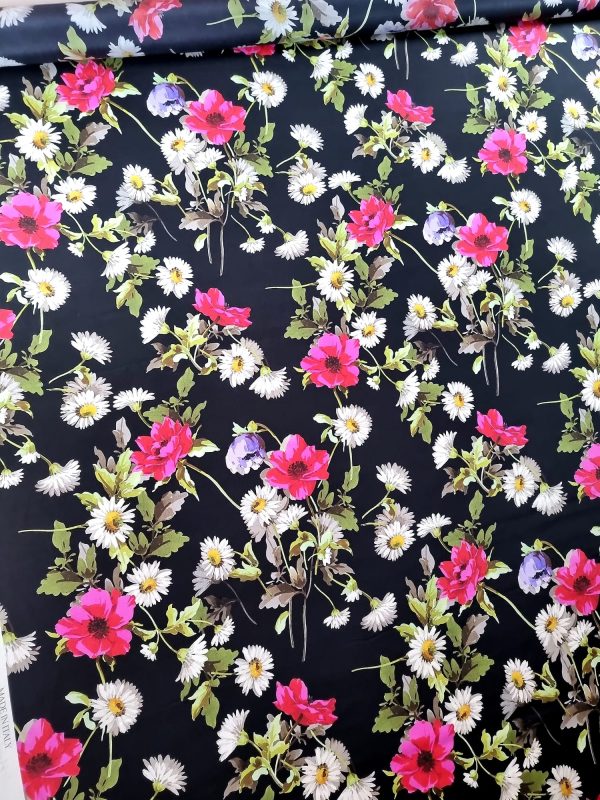 Tesatura din mătase naturala,  crepe de chine - design floral, Multicolor