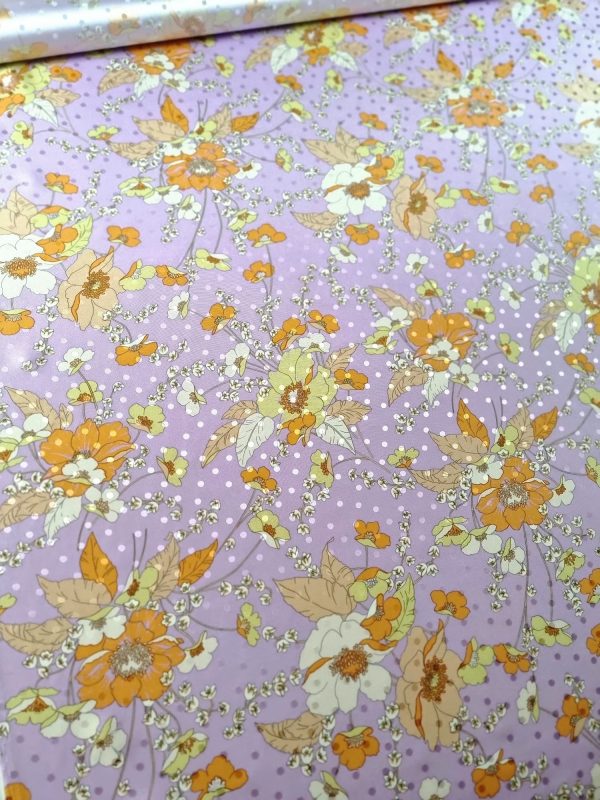 Tesatura din mătase naturala tip jacquard - design floral, Lila – Portocaliu - Galben