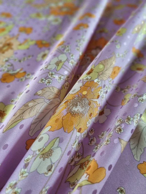 Tesatura din mătase naturala tip jacquard - design floral, Lila – Portocaliu - Galben