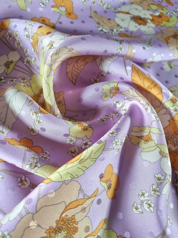 Tesatura din mătase naturala tip jacquard - design floral, Lila – Portocaliu - Galben