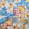 Tesatura fina din bumbac cu broderie  spartă - motive etno Capri, Alb - Albastru- Galben