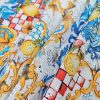 Tesatura fina din bumbac cu broderie  spartă - motive etno Capri, Alb - Albastru- Galben