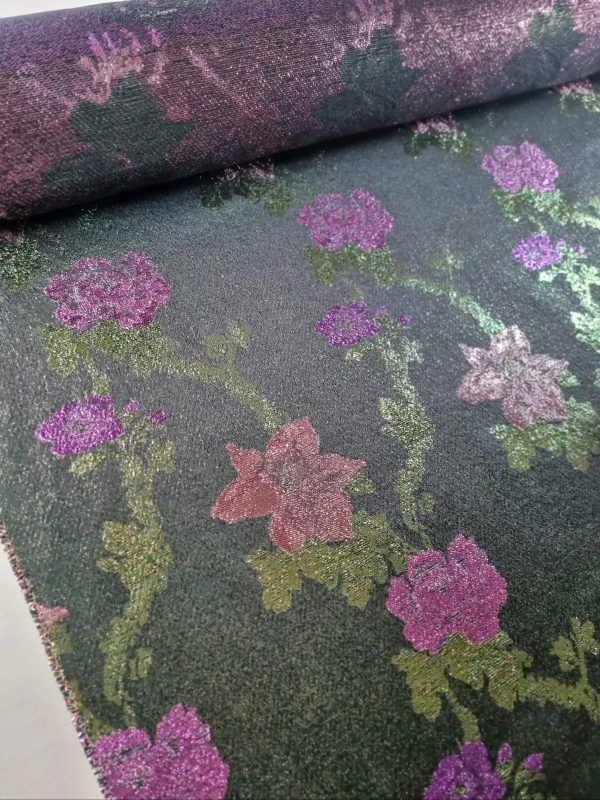 Tesatura jacquard cu suprafața metalizata - design floral, Roz - Cyclamen - Verde închis