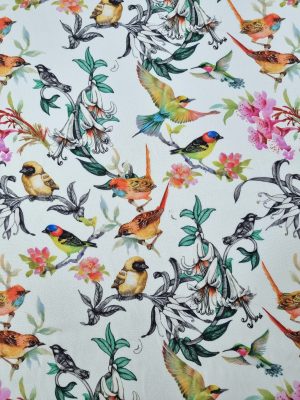 Tesatura marocaine din viscoza  - imprimeu cu pasari sib flori, Multicolor