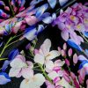Tesatura satinata din matase naturala -  design floral, Cyclamen – violet - negru
