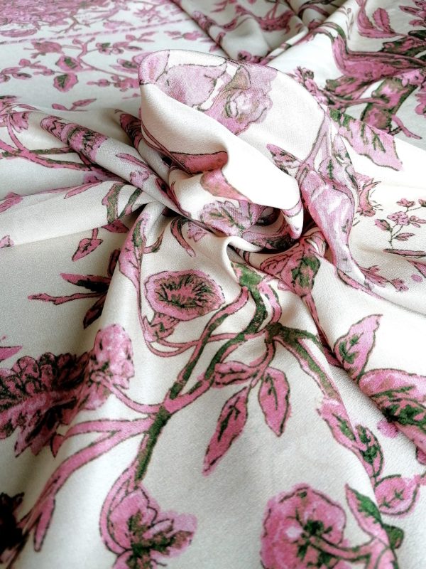 Tesatura din matase naturala - crepe de chine design floral, Roz - Ivoire