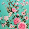Tesatura din matase naturala, crepe  - panou cu design floral, Turcoaz - Roz