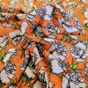 Tesatura crepe de chine din matase naturala - design floral, Portocaliu - Alb - Negru