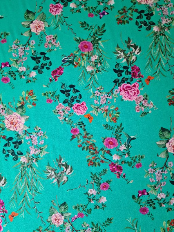 Tesatura din mătase naturală, crepe de chine design floral, Turcoaz - Roz