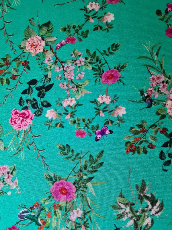 Tesatura din mătase naturală, crepe de chine design floral, Turcoaz - Roz