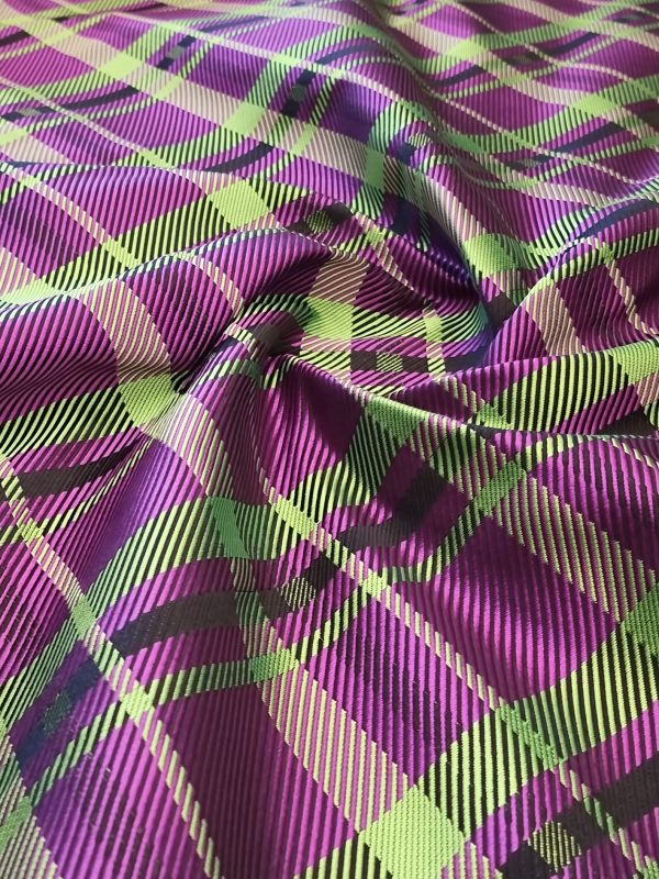 Tesatura jacquard - tafta design fantezie geometric, violet-verde