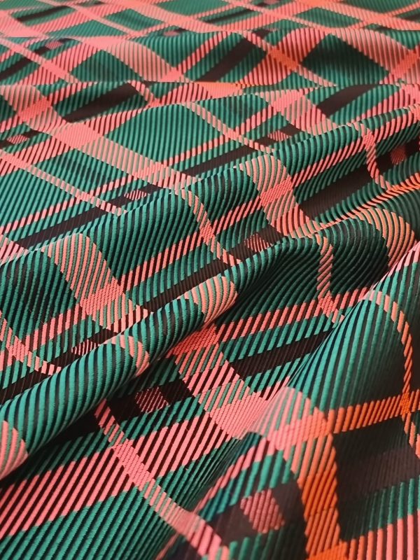 Tesatura jacquard - tafta design fantezie geometric , somon-verde închis