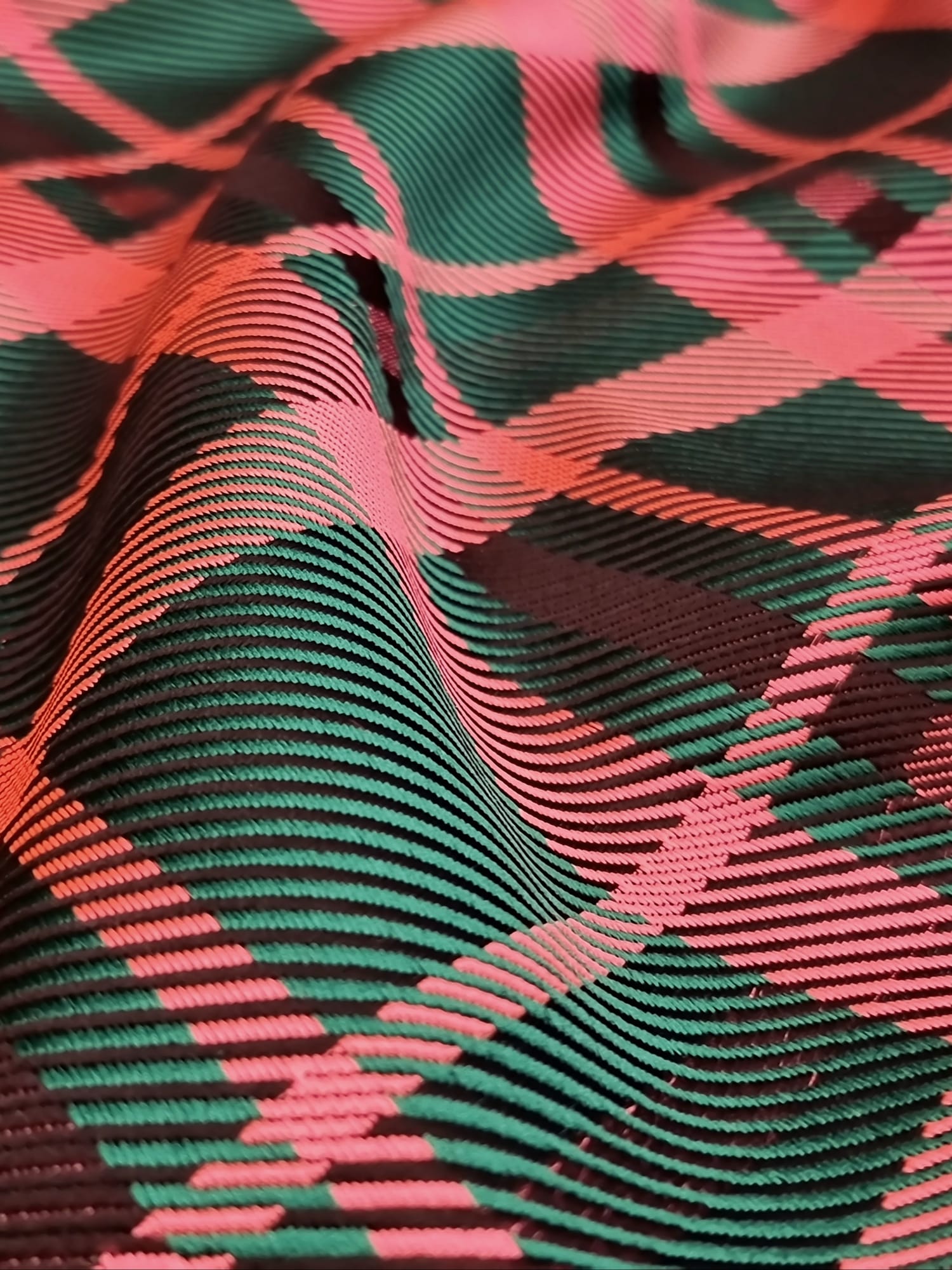 Tesatura jacquard - tafta design fantezie geometric , somon-verde închis