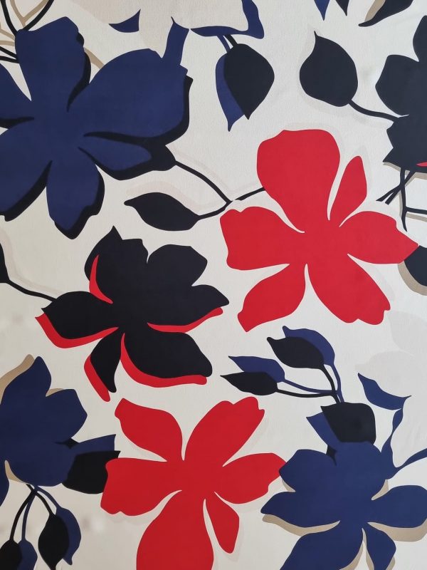 Tesatura crepe de chine din matase naturala - design floral, Bleumarin - Rosu - Negru - Alb