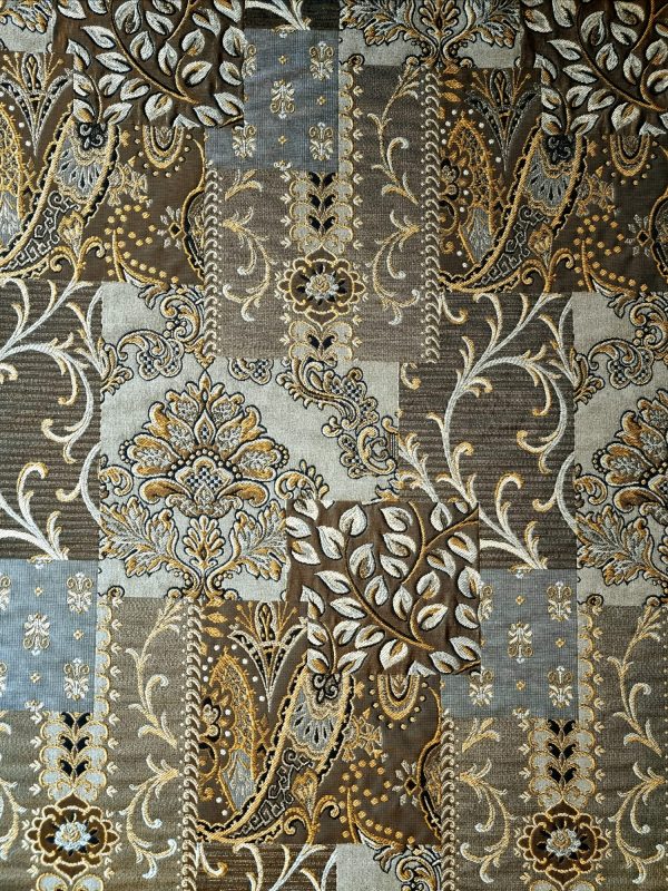 Tesatura brocart din matase naturala cu insertii lurex - design floral, Maro - Auriu - Argintiu vintage