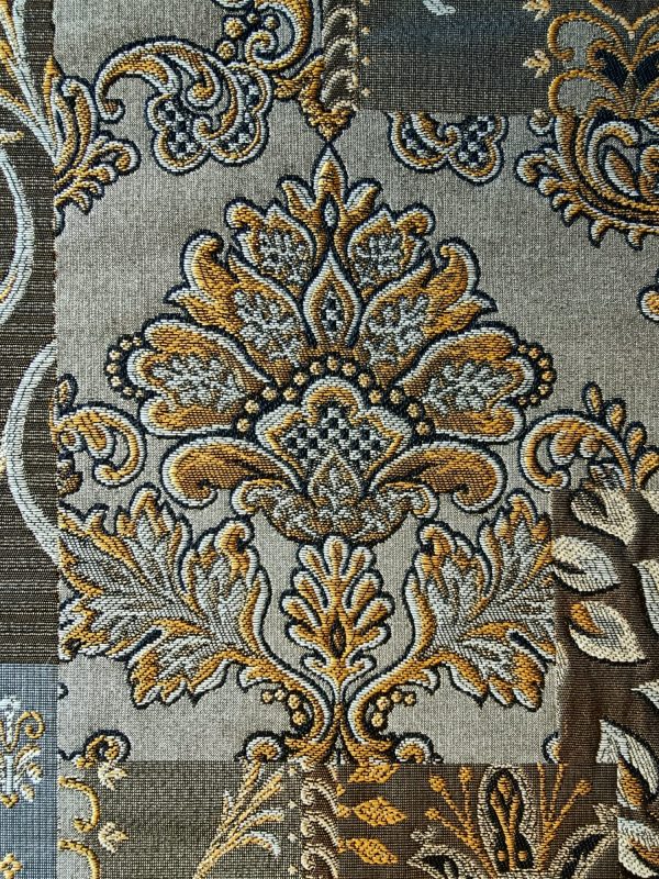 Tesatura brocart din matase naturala cu insertii lurex - design floral, Maro - Auriu - Argintiu vintage