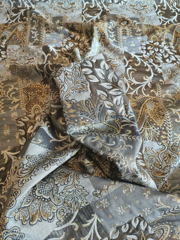 Tesatura brocart din matase naturala cu insertii lurex - design floral, Maro - Auriu - Argintiu vintage