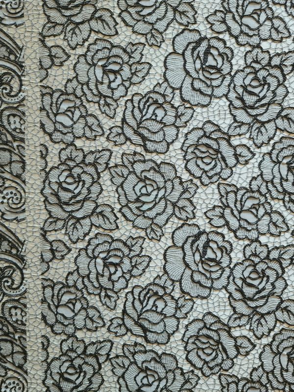 Tesatura Jacquard  din viscoza si bumbac, panou cu design floral , Gri - Bej - Negru