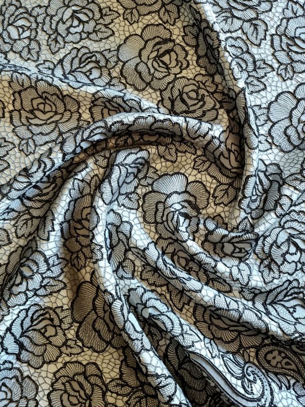 Tesatura Jacquard  din viscoza si bumbac, panou cu design floral , Gri - Bej - Negru