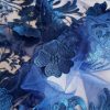 Tesatura brodata pe suport tulle si fir de lurex - desing floral, Albastru
