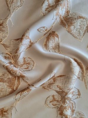 Tesatura Jacquard cu fir de lurex - design floral, Crem - Auriu