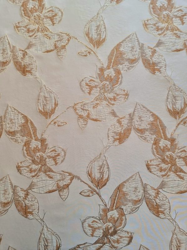 Tesatura Jacquard cu fir de lurex - design floral, Crem - Auriu