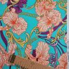 Tesatura din matase naturala elastica - design stilizat floral , turcoaz – portocaliu – bordo - auriu