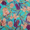 Tesatura din matase naturala elastica - design stilizat floral , turcoaz – portocaliu – bordo - auriu