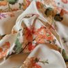 Tesatura din matase naturala - tip bourette ( crudo ) cu design floral, Portocaliu/Verde/Crem - imagine 5