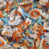 Tesatura din lână cu matase naturala imprimata - design floral,  Portocaliu/Ivoire/Albstru