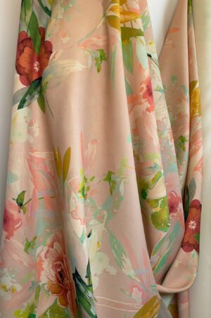 Stofa premium din matase naturala - design floral,  Roz/Verde/Galben