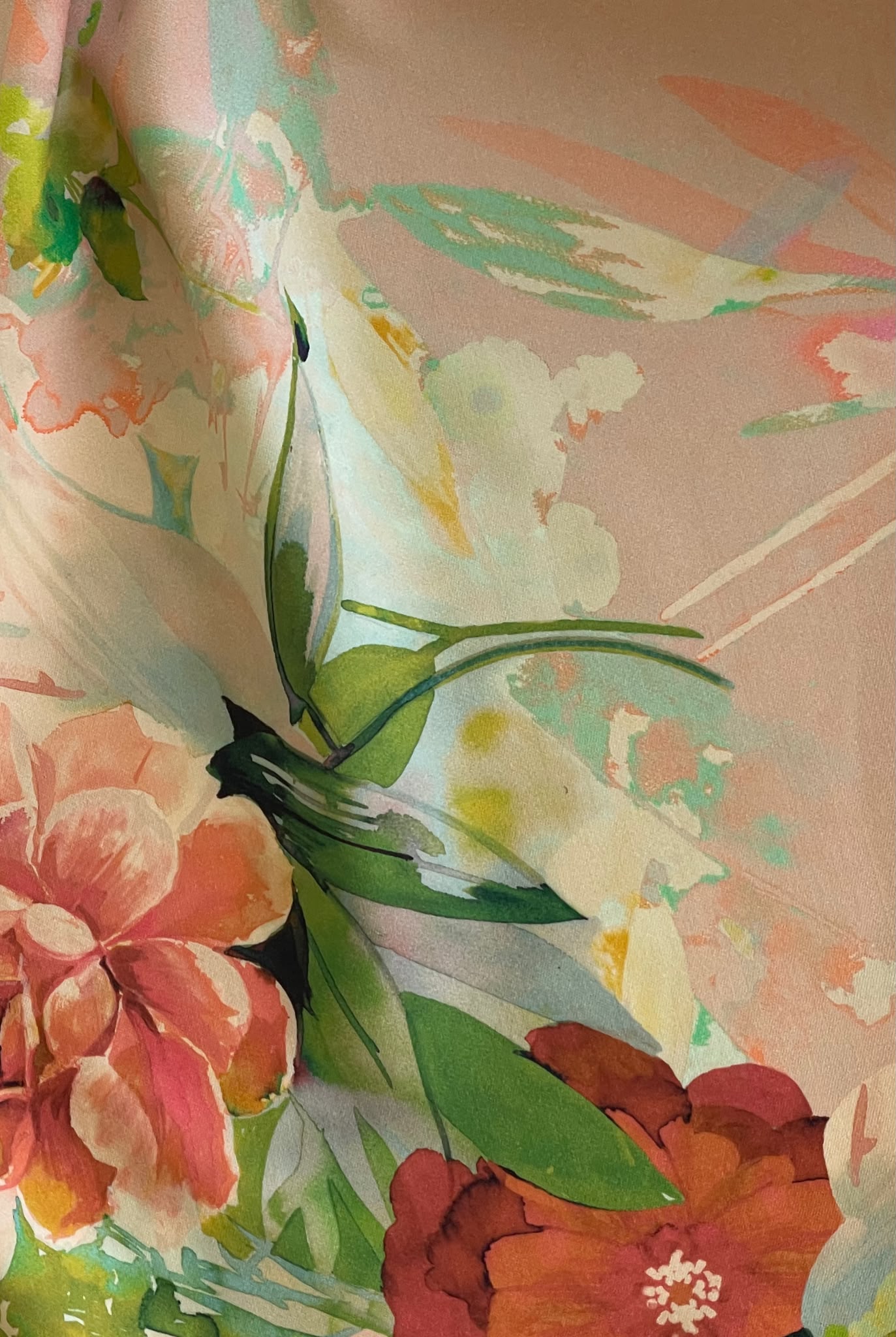 Stofa premium din matase naturala - design floral, Roz/Verde/Galben - imagine 7