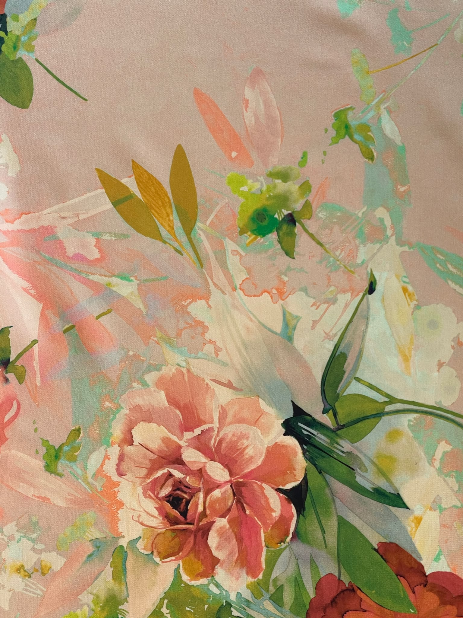 Stofa premium din matase naturala - design floral, Roz/Verde/Galben - imagine 6