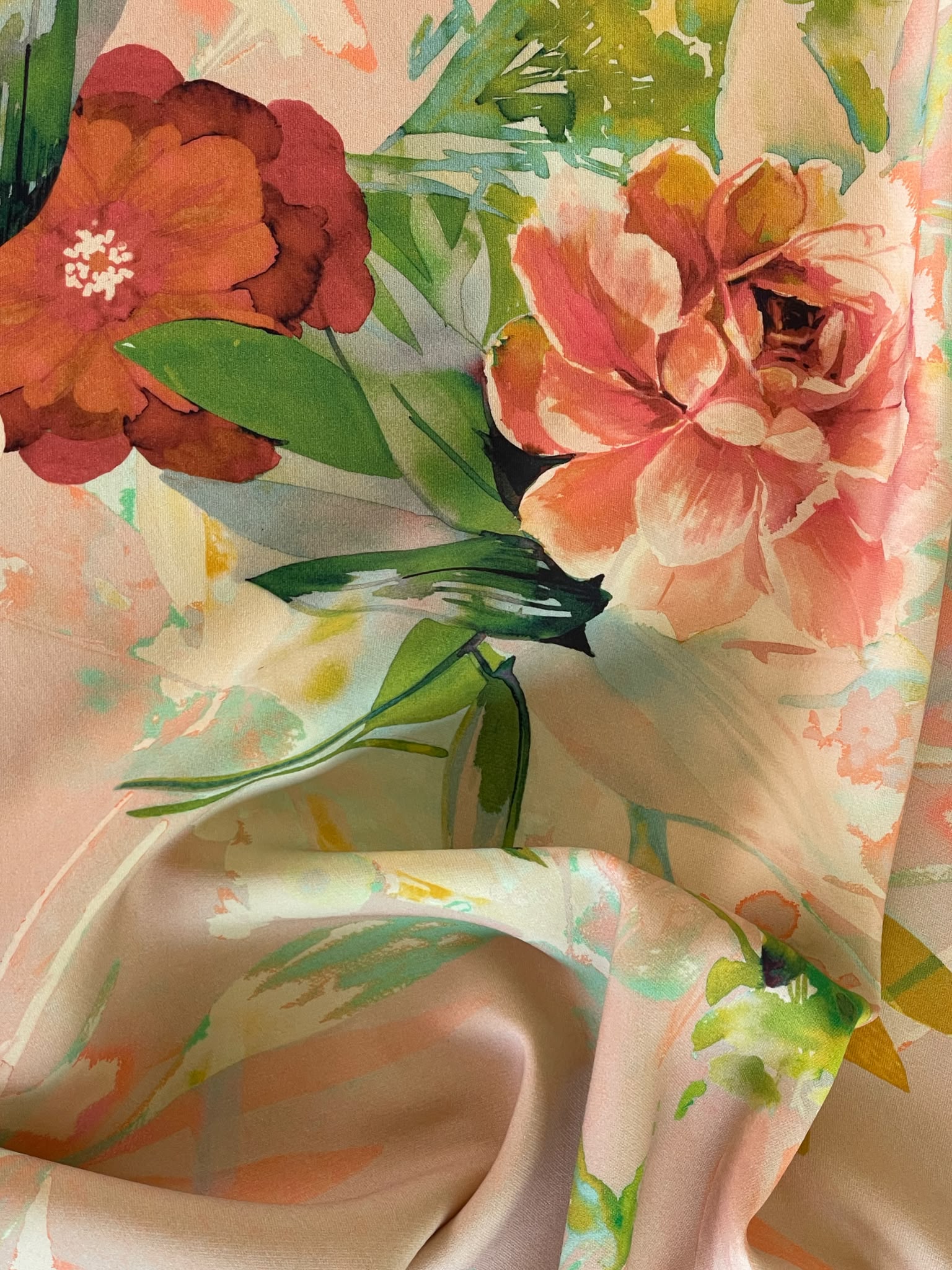 Stofa premium din matase naturala - design floral, Roz/Verde/Galben - imagine 5