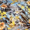 Tesatura din matase naturala -  design floral exotic,  Bleu, Galben, Portocaliu, Verde