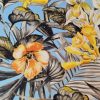 Tesatura din matase naturala -  design floral exotic,  Bleu, Galben, Portocaliu, Verde - imagine 3